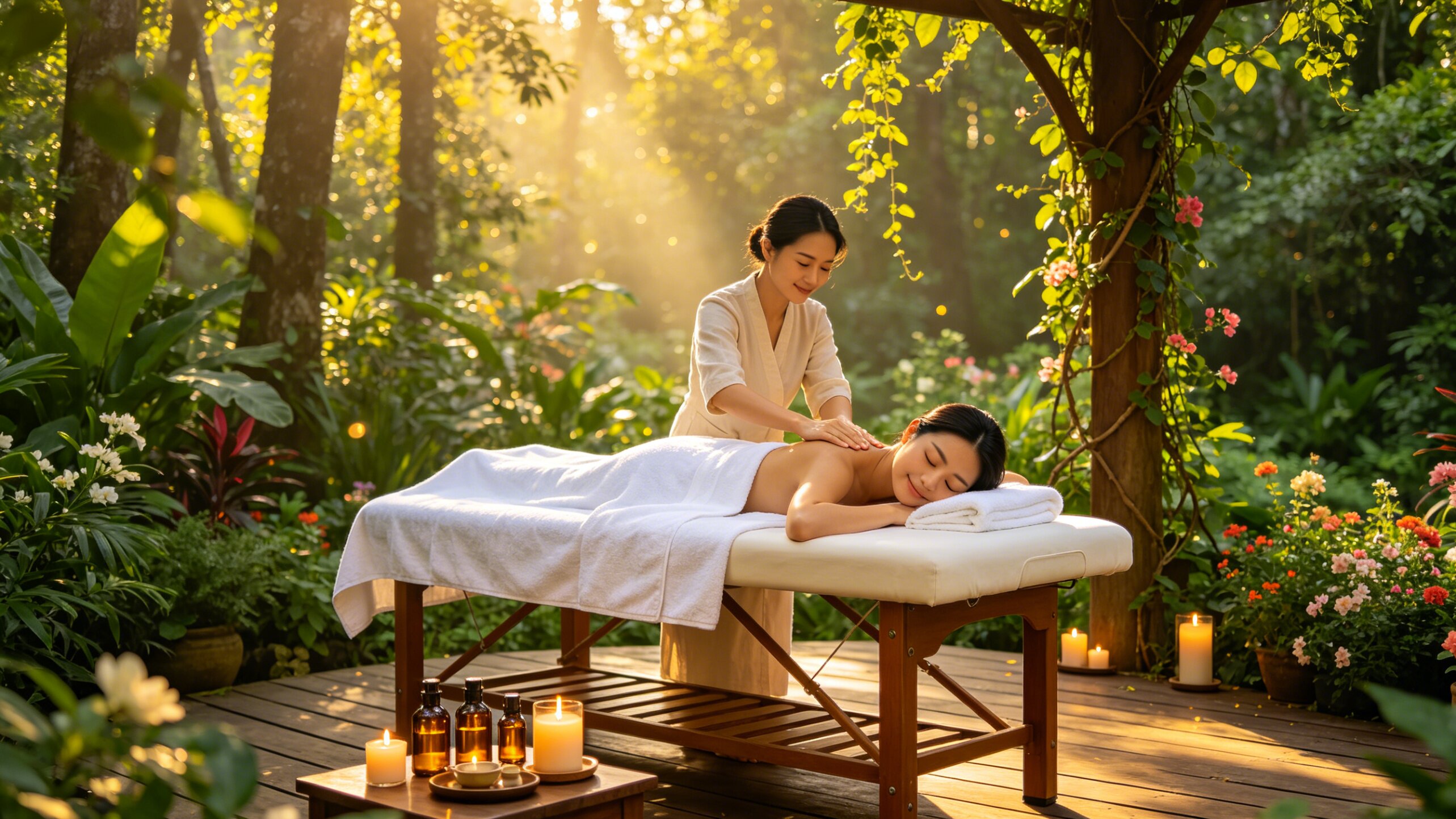 Therapist preparing professional in-room massage